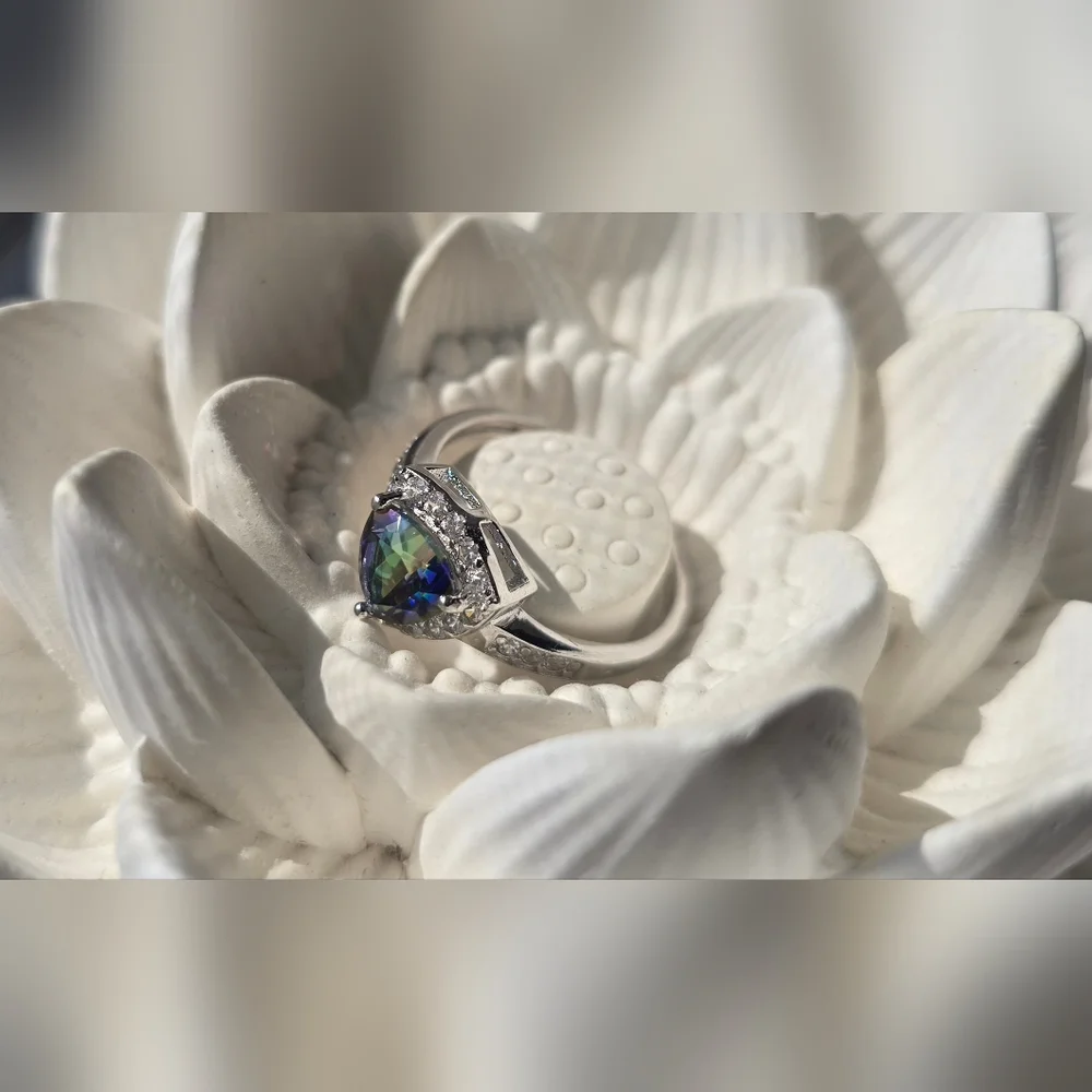 Mystic Topaz Rainbow Trilliant (Trillion) Cut 925 Sterling Silver Ring Pave